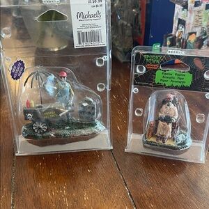Lemax Spooky Town Figurine Set - Ghoul Hot Dog Vendor & Skelly Crazy Cat Lady